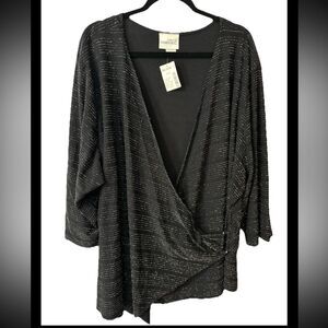 NWT Fashion Bug Black Sliver 30/32 Women’s Top Faux Wrap Shirt USA Dressy Party